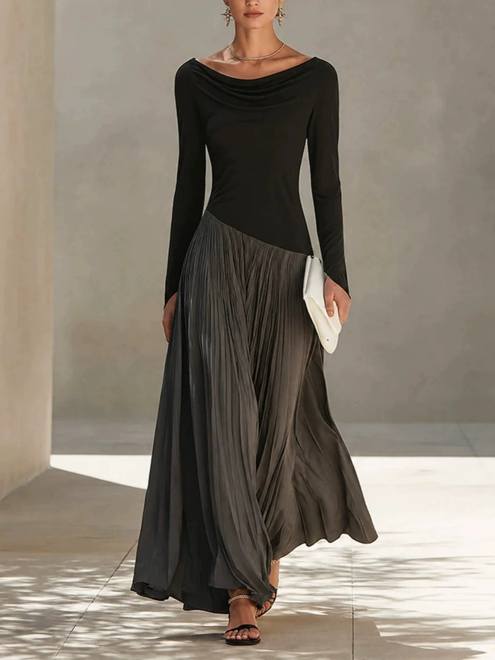 ZARA Colorblock Cowl Neck Long Sleeve Patchwork Pleated Flared Maxi Dress